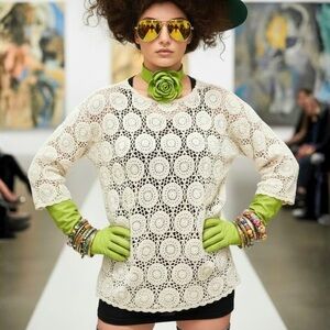 Maggie Lawrence Crochet Top Vintage 90s Coastal Grandma Ivory Medallion L